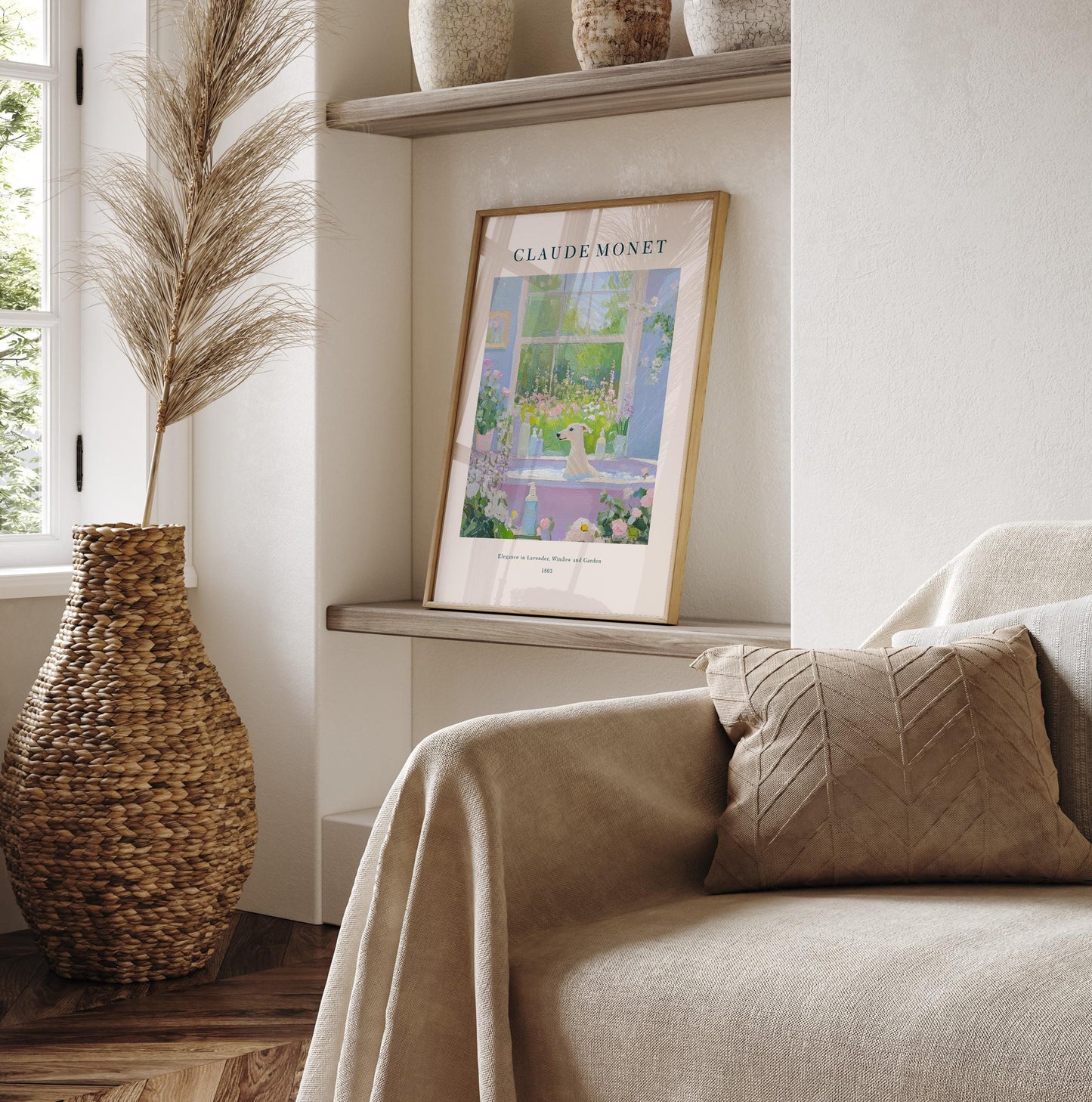 Borzoi in bathtub, French Aesthetic bathroom wall art, Claude Monet painting, Exhibition gallery poster, Mid century modern print