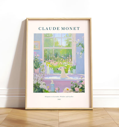 Borzoi in bathtub, French Aesthetic bathroom wall art, Claude Monet painting, Exhibition gallery poster, Mid century modern print