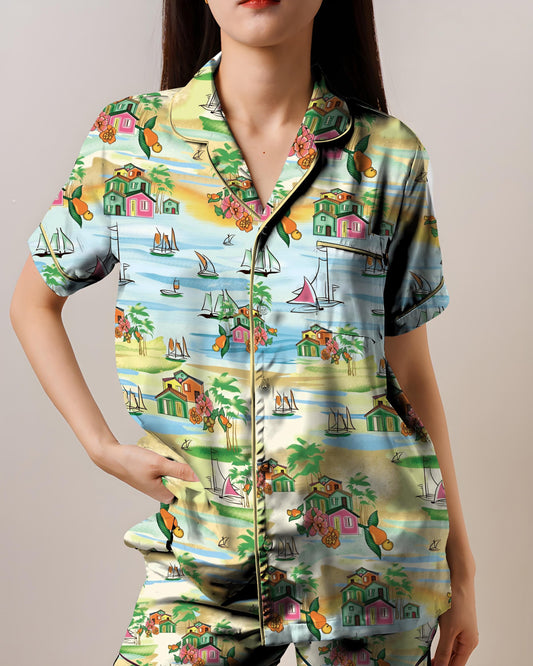 Tropical Island Satin Pajamas, AOP Short Sleeve Sleepwear for Women, Summer Beach Pajama Set