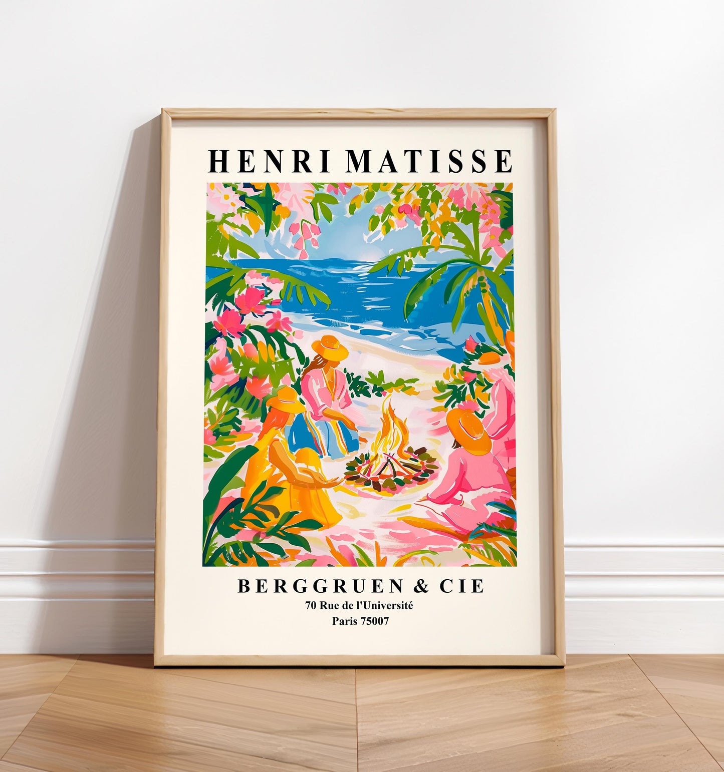 Pink tropical witchy art, Women by the campfire, Colonial Beach house decor, Dopamine Matisse art