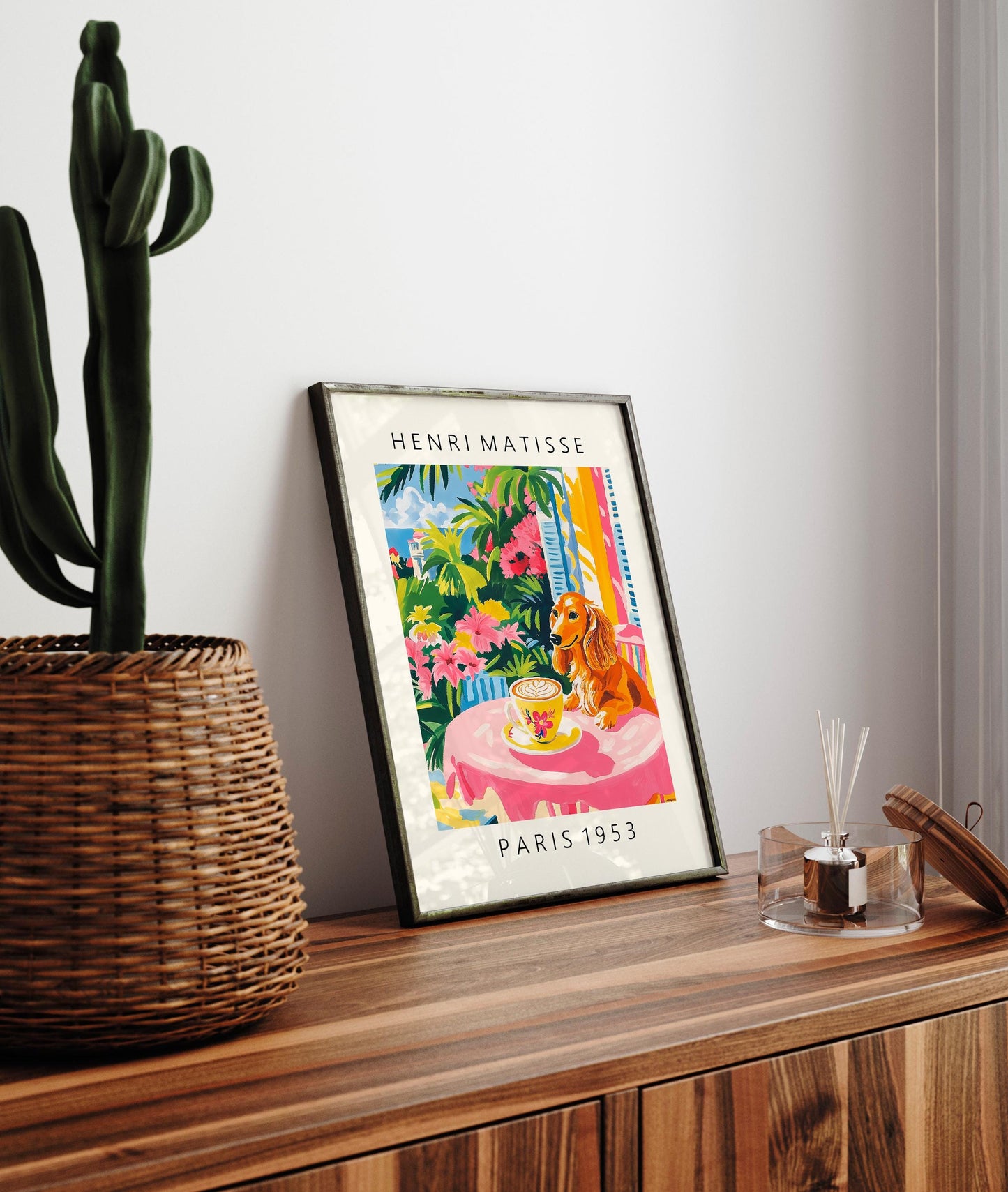 Dachshund Coffee Print: Matisse Style Pink Kitchen Cafe Art
