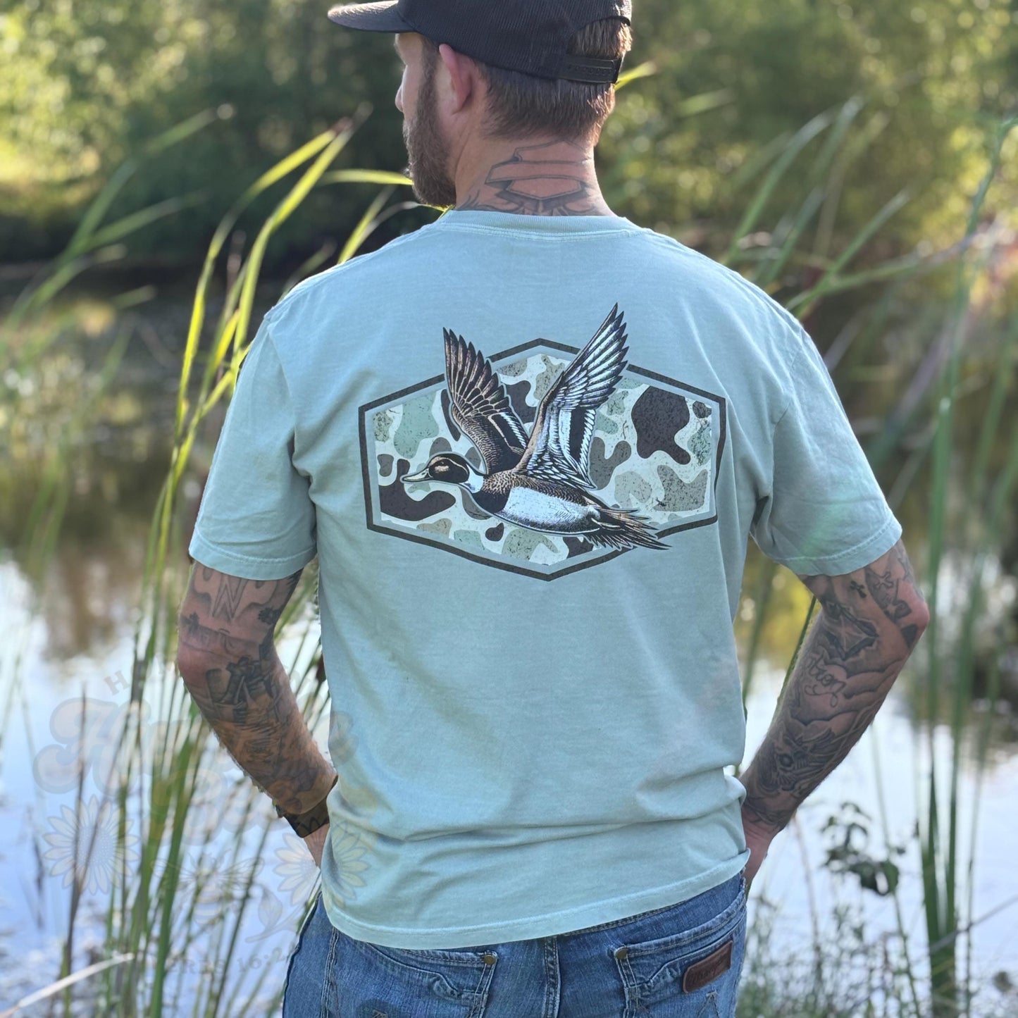 Camo Duck Hunting T-Shirt | Mallard Flight Outdoor Tee | Front & Back Design | Waterfowl Shirt for Men | Southern Outdoors Graphic Tee