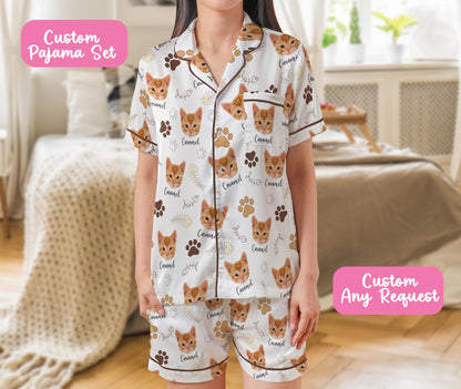 Custom Pet Face And Name Pajama Set, Personalized Short Sleeve Pajamas for Dog Cat Owners, Funny Pet Photo Sleepwear, Pet Lovers Gift