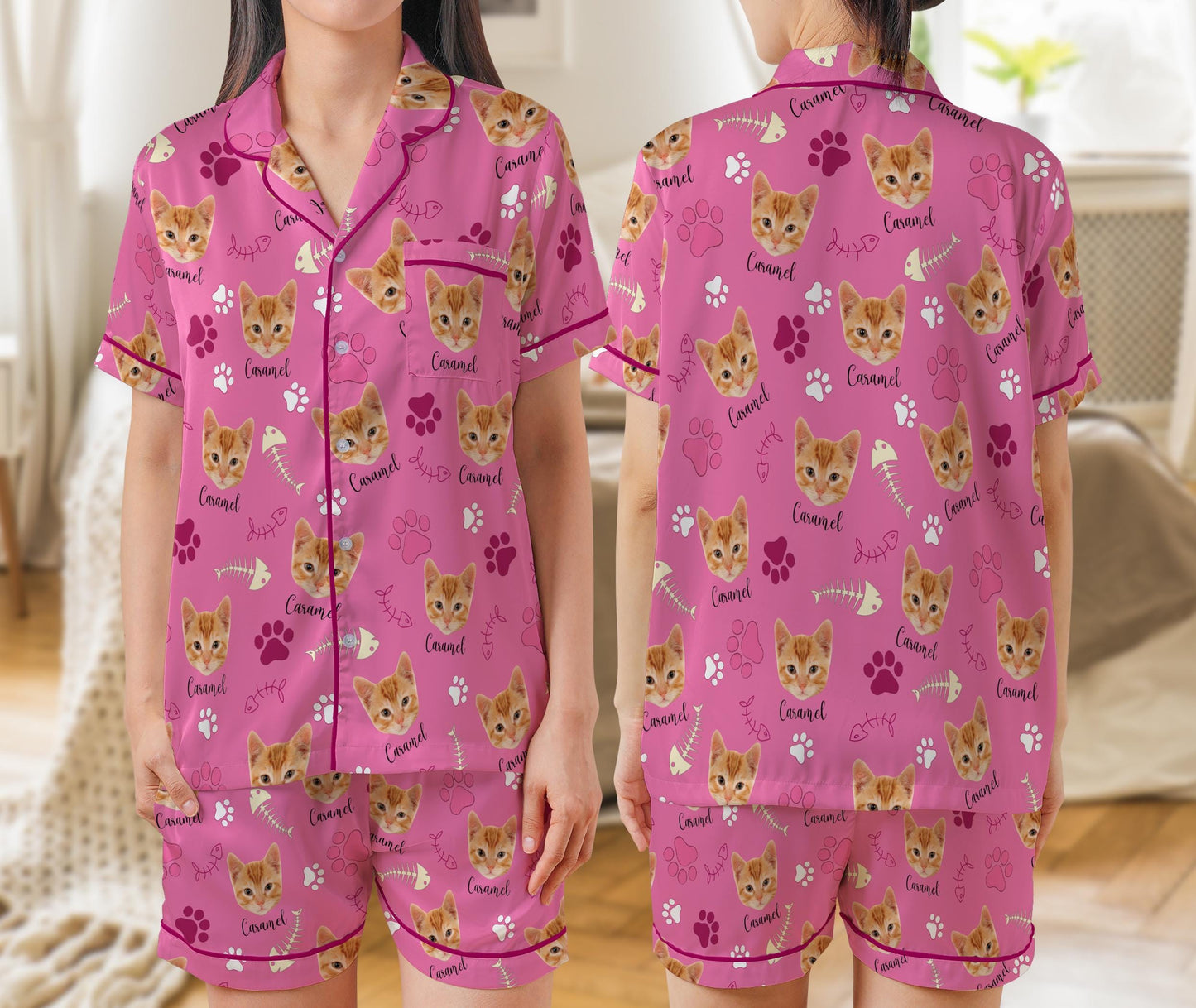 Custom Pet Face And Name Pajama Set, Personalized Short Sleeve Pajamas for Dog Cat Owners, Funny Pet Photo Sleepwear, Pet Lovers Gift