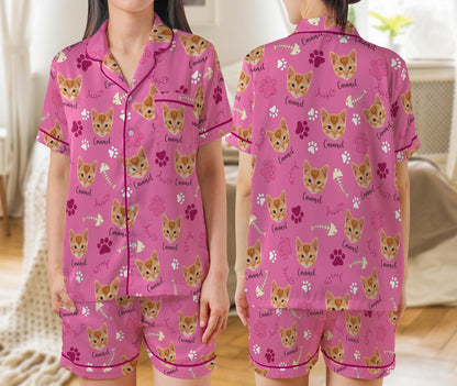 Custom Pet Face And Name Pajama Set, Personalized Short Sleeve Pajamas for Dog Cat Owners, Funny Pet Photo Sleepwear, Pet Lovers Gift