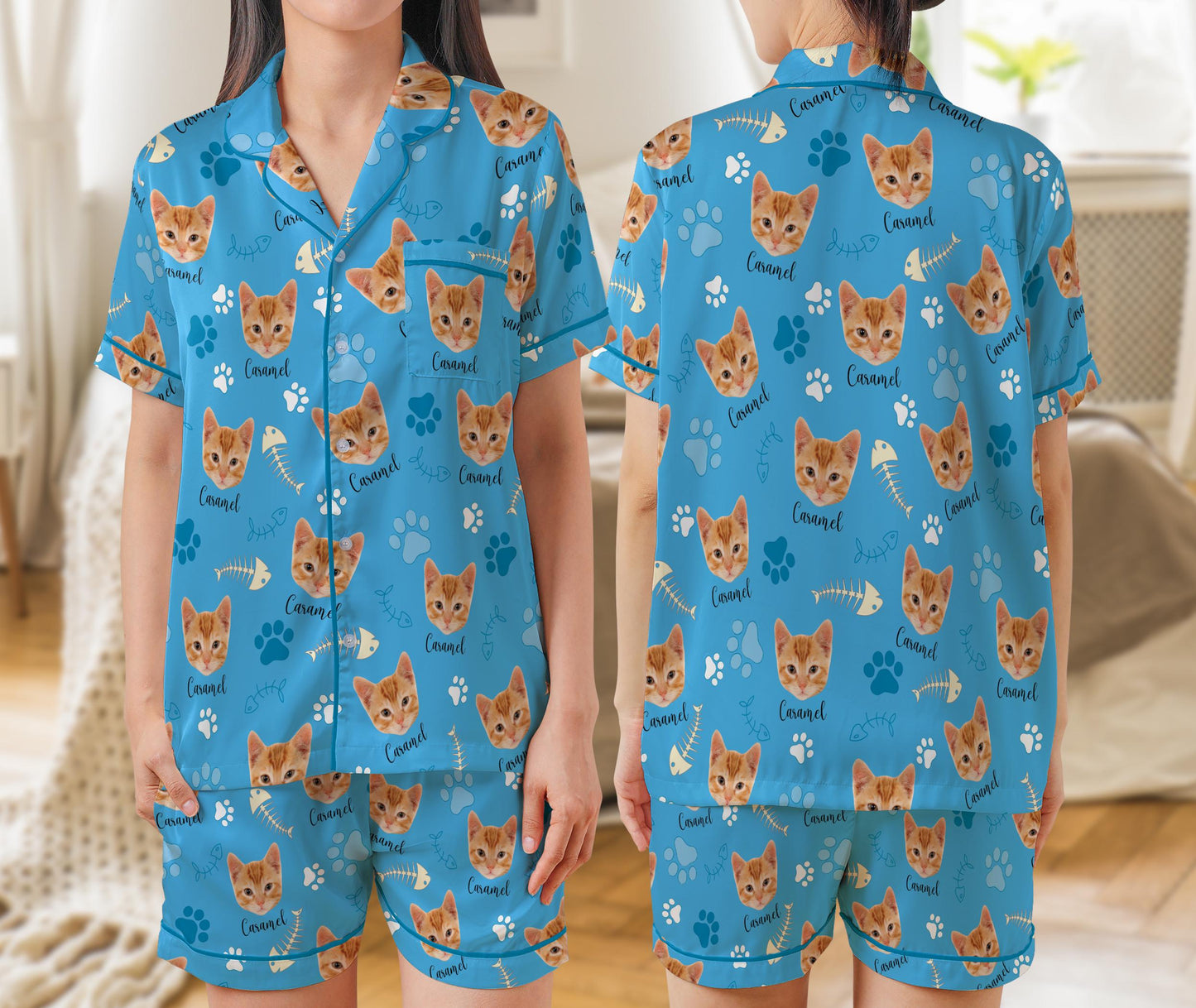 Custom Pet Face And Name Pajama Set, Personalized Short Sleeve Pajamas for Dog Cat Owners, Funny Pet Photo Sleepwear, Pet Lovers Gift
