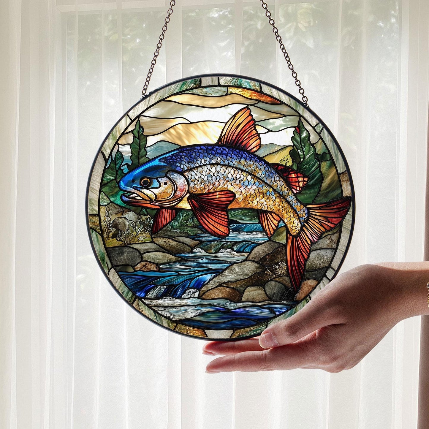 Rainbow Trout Glass Suncatcher, Glass Fish Window Hanging, Angler Gift, Fishing Cabin Ornament, Nature Lover Sun Catcher, Fisherman Gift