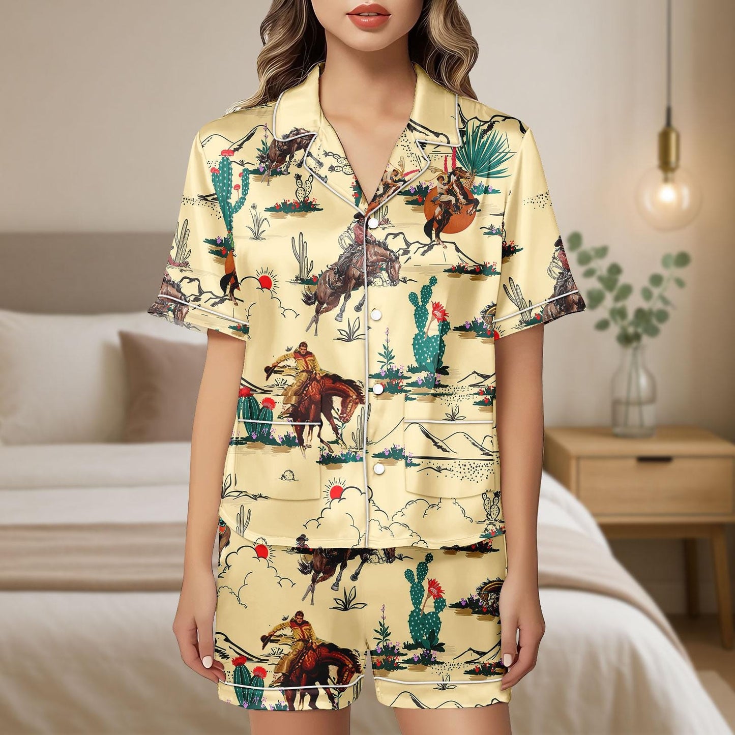 Cowboy Satin Pajamas Shorts, Western Desert Sleepwear, Horse Rider Pajama Set, Rodeo Pajamas, Gift For Her