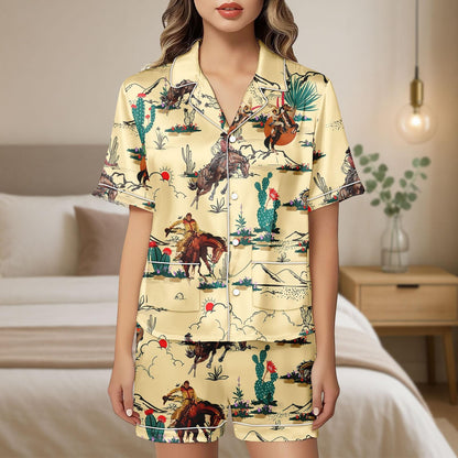 Cowboy Satin Pajamas Shorts, Western Desert Sleepwear, Horse Rider Pajama Set, Rodeo Pajamas, Gift For Her