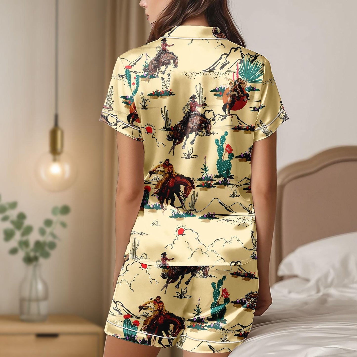 Cowboy Satin Pajamas Shorts, Western Desert Sleepwear, Horse Rider Pajama Set, Rodeo Pajamas, Gift For Her