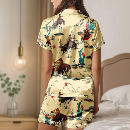 Cowboy Satin Pajamas Shorts, Western Desert Sleepwear, Horse Rider Pajama Set, Rodeo Pajamas, Gift For Her