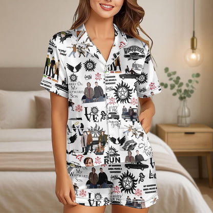 Supernatural Satin Pajamas Shorts, Winchester Brothers Sleepwear, Carry On My Wayward Son Pajamas, TV Show Pajamas, Gift For Her