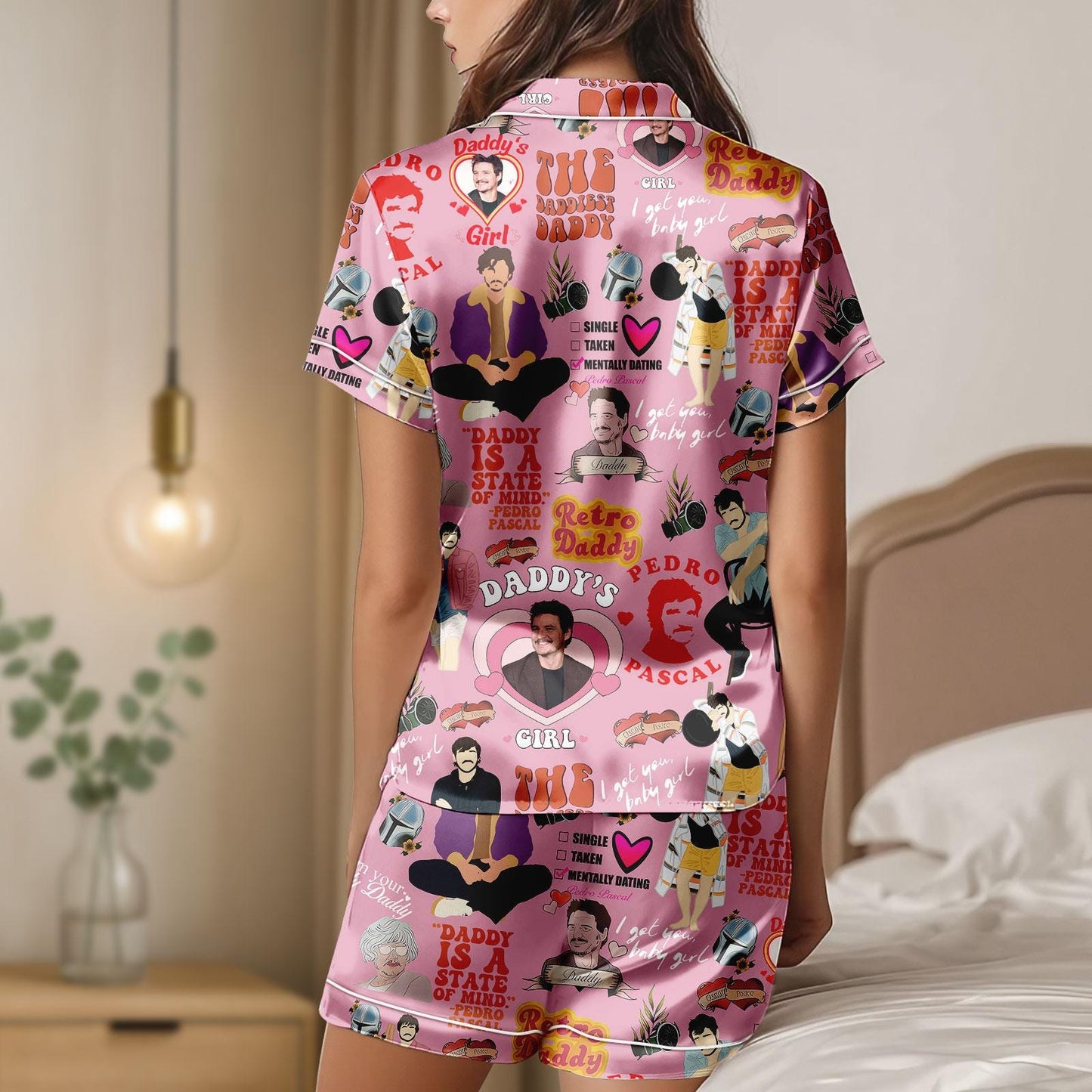 Pedro Pascal Satin Pajamas Shorts, Daddy Meme Sleepwear, Retro Celebrity Pajamas, Funny Pajama Set, Gift For Her