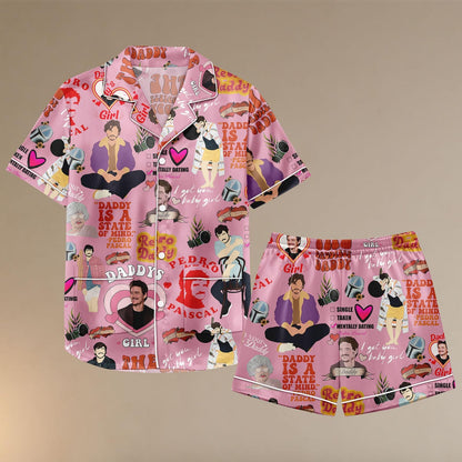 Pedro Pascal Satin Pajamas Shorts, Daddy Meme Sleepwear, Retro Celebrity Pajamas, Funny Pajama Set, Gift For Her
