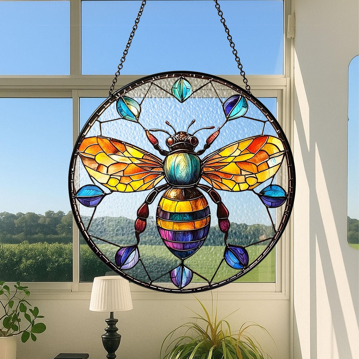 Bee Stained Glass Suncatcher, Honeybee Glass Window Hanging, Garden Decor Gift, Bee Glass Ornament, Nature Lover Gift, Gift For Garden Lover