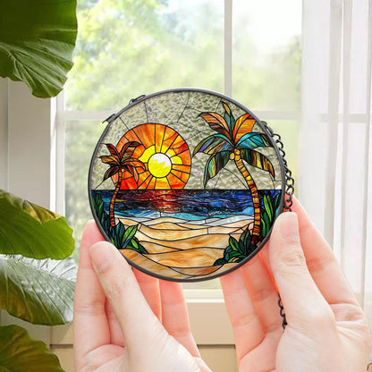 Beach Stained Glass Suncatcher, Colorful Ocean Sunset Glass Window Hanging, Palm Tree Hibiscus Summer Decor, Beach Lover Gift, Coastal Gift