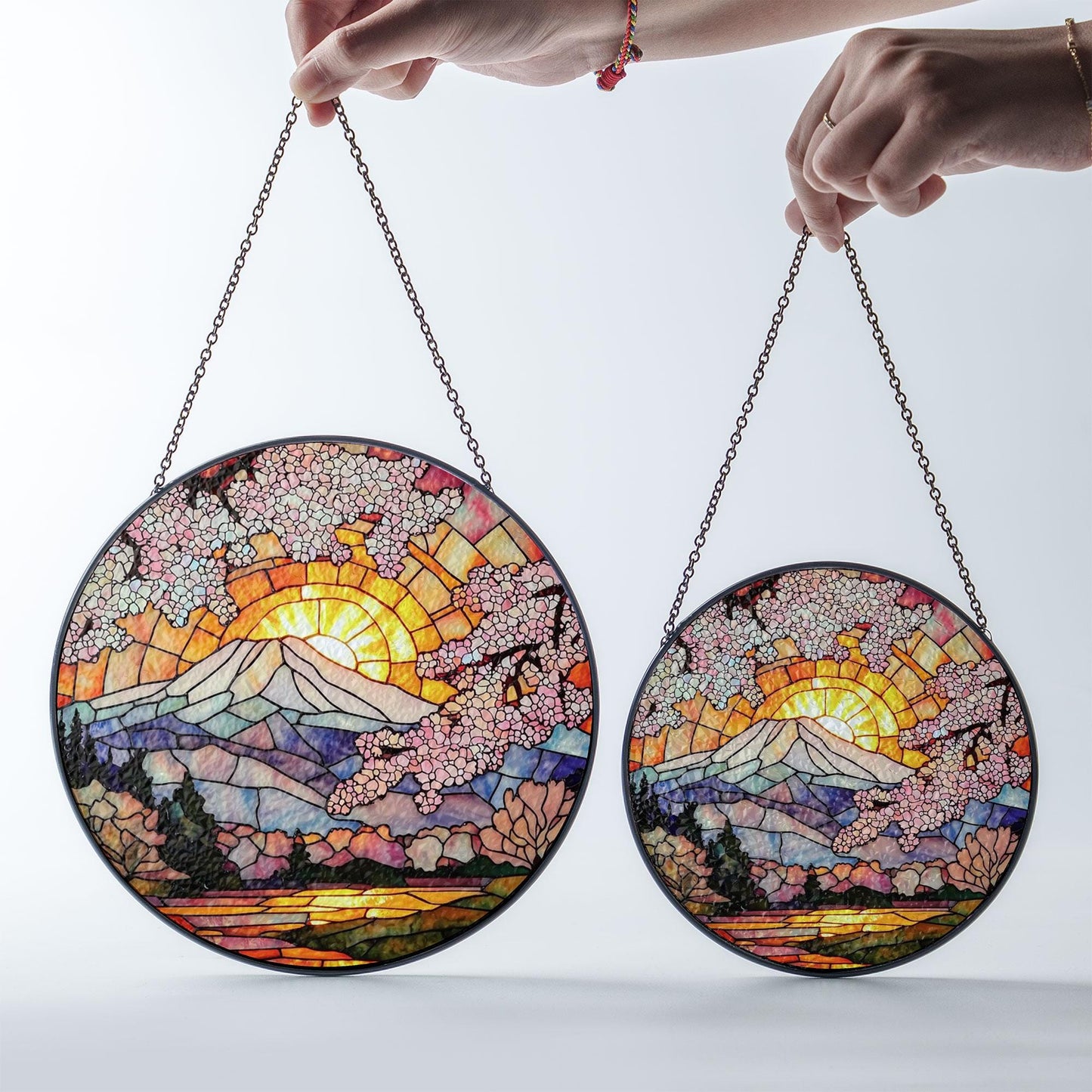 Cherry Blossom Stained Glass Suncatcher – Mount Fuji with Sunrise and Sakura Trees – Round Japanese Window Hanging Spring Decor