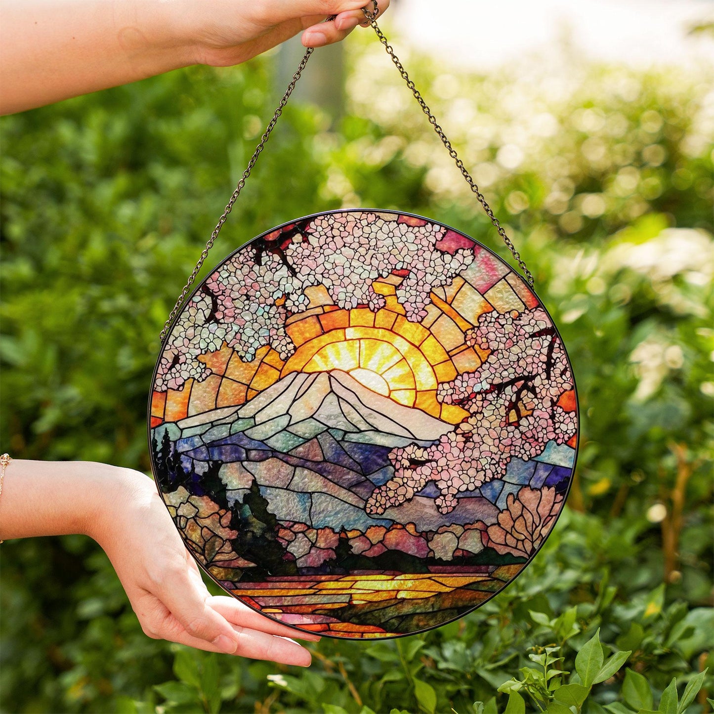 Cherry Blossom Stained Glass Suncatcher – Mount Fuji with Sunrise and Sakura Trees – Round Japanese Window Hanging Spring Decor