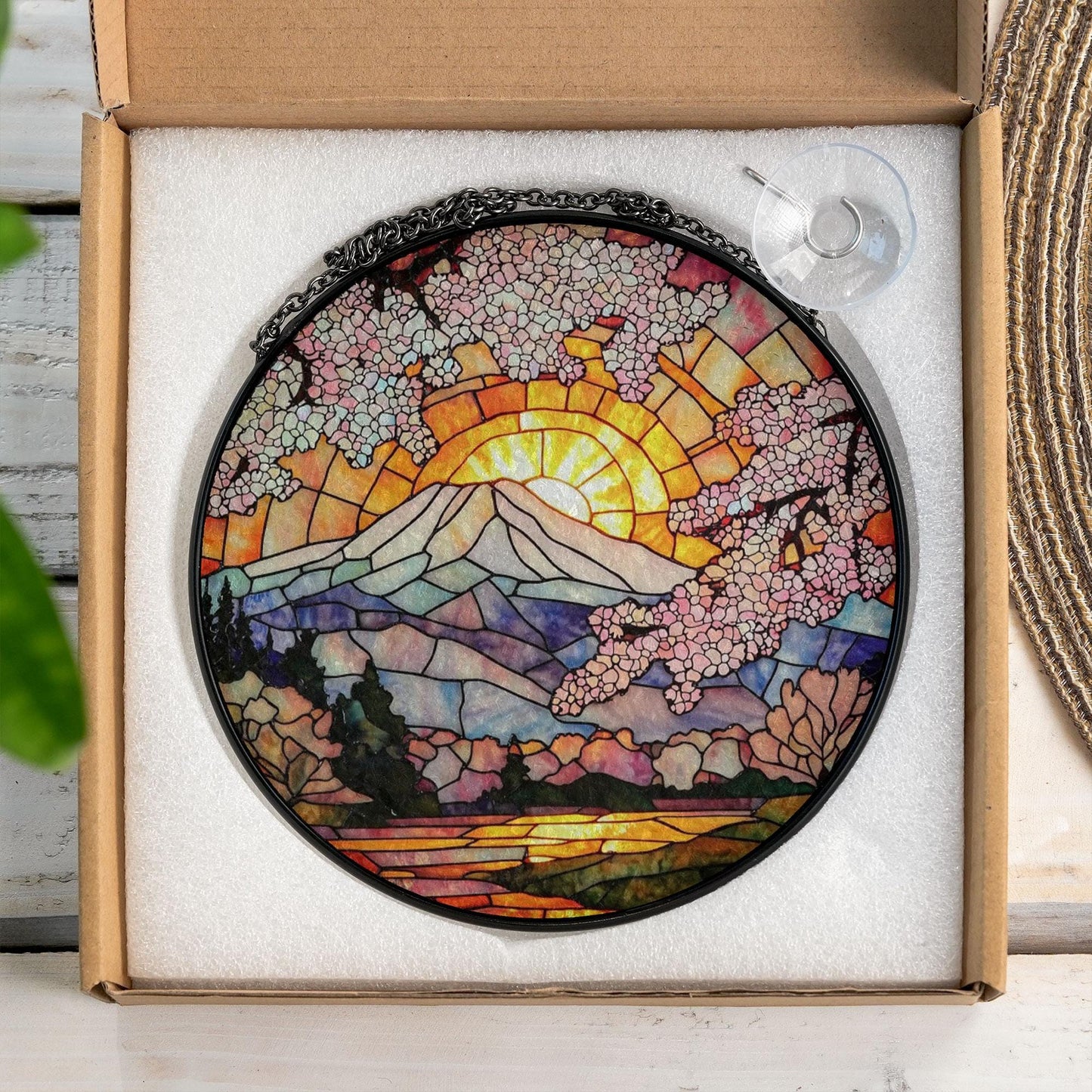 Cherry Blossom Stained Glass Suncatcher – Mount Fuji with Sunrise and Sakura Trees – Round Japanese Window Hanging Spring Decor