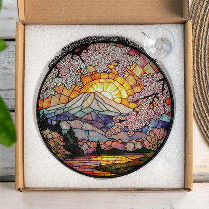 Cherry Blossom Stained Glass Suncatcher – Mount Fuji with Sunrise and Sakura Trees – Round Japanese Window Hanging Spring Decor