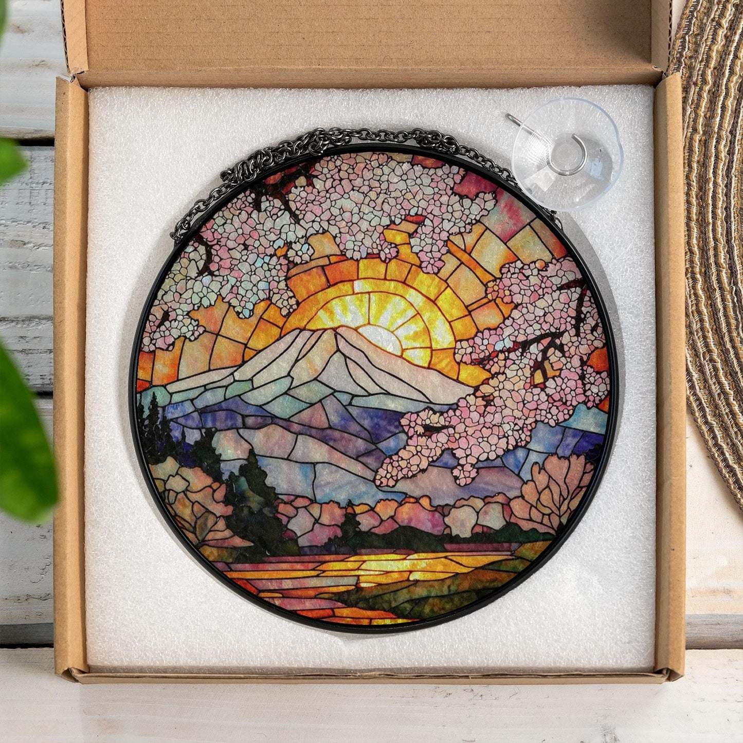 Cherry Blossom Stained Glass Suncatcher – Mount Fuji with Sunrise and Sakura Trees – Round Japanese Window Hanging Spring Decor