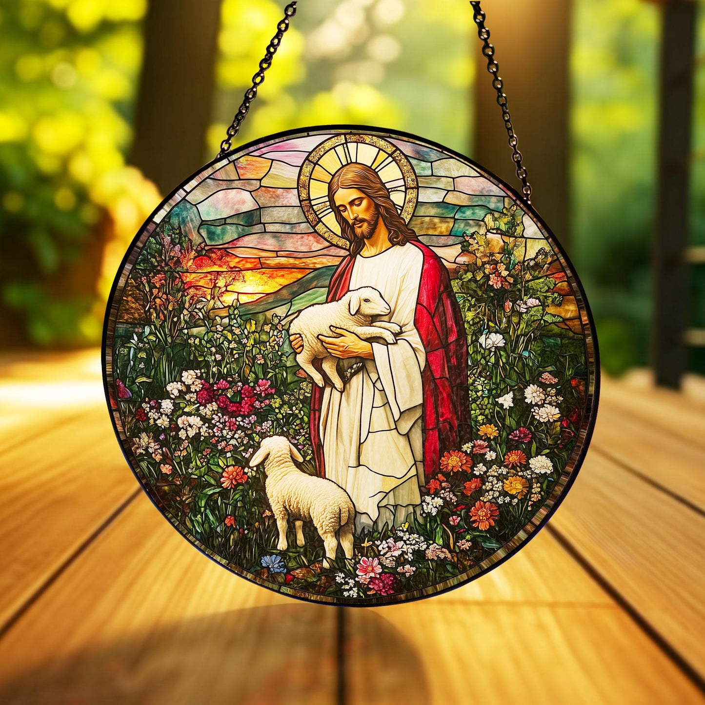 Jesus Stained Glass SunCatcher, Memorial Gift, Jesus With Lamb Landscape Glass Hanging, Jesus Suncatcher Hanging, Jesus Christ Decoration