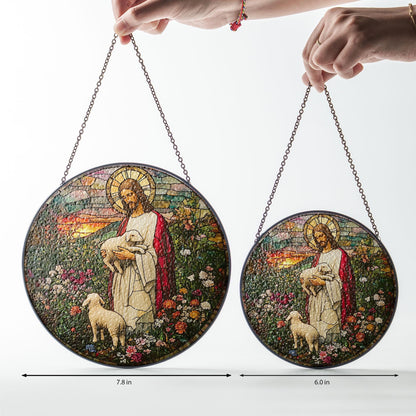 Jesus Stained Glass SunCatcher, Memorial Gift, Jesus With Lamb Landscape Glass Hanging, Jesus Suncatcher Hanging, Jesus Christ Decoration