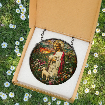 Jesus Stained Glass SunCatcher, Memorial Gift, Jesus With Lamb Landscape Glass Hanging, Jesus Suncatcher Hanging, Jesus Christ Decoration