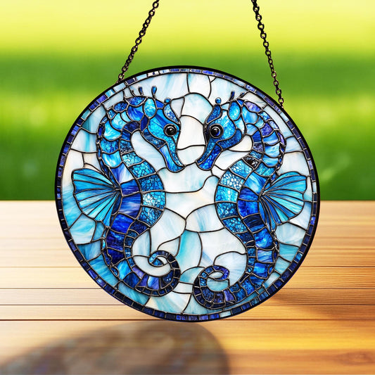 Seahorse Stained Glass Suncatcher, Beach Decor, Seahorse Ornament, Suncatcher Ornament Gift, Cool Suncather Windows, Custom Shape Suncatcher