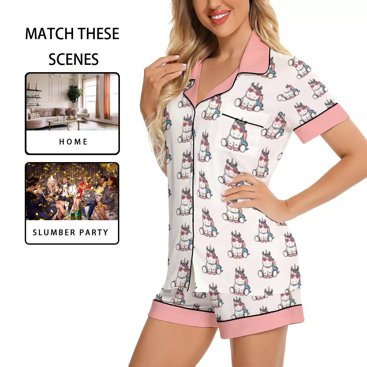 Women's Imitation Silk Short Sleeve Unicorn Pajama Set - Kawaii Sleepwear with Button Closure