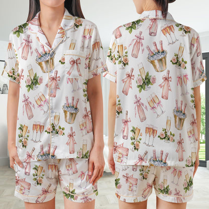 Funny Bach Champagne Pajamas Set, Bridesmaid Drinking Pajama Sleepwear Short Sleeve Pajamas, Matching Bachelorette Party Gift, Bride Pajamas