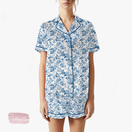 Liberty Blue Flower Set | Silky Satin Pajama Set for Women | Vintage Floral Toile Sleepwear | Blue and White Cottagecore Gift