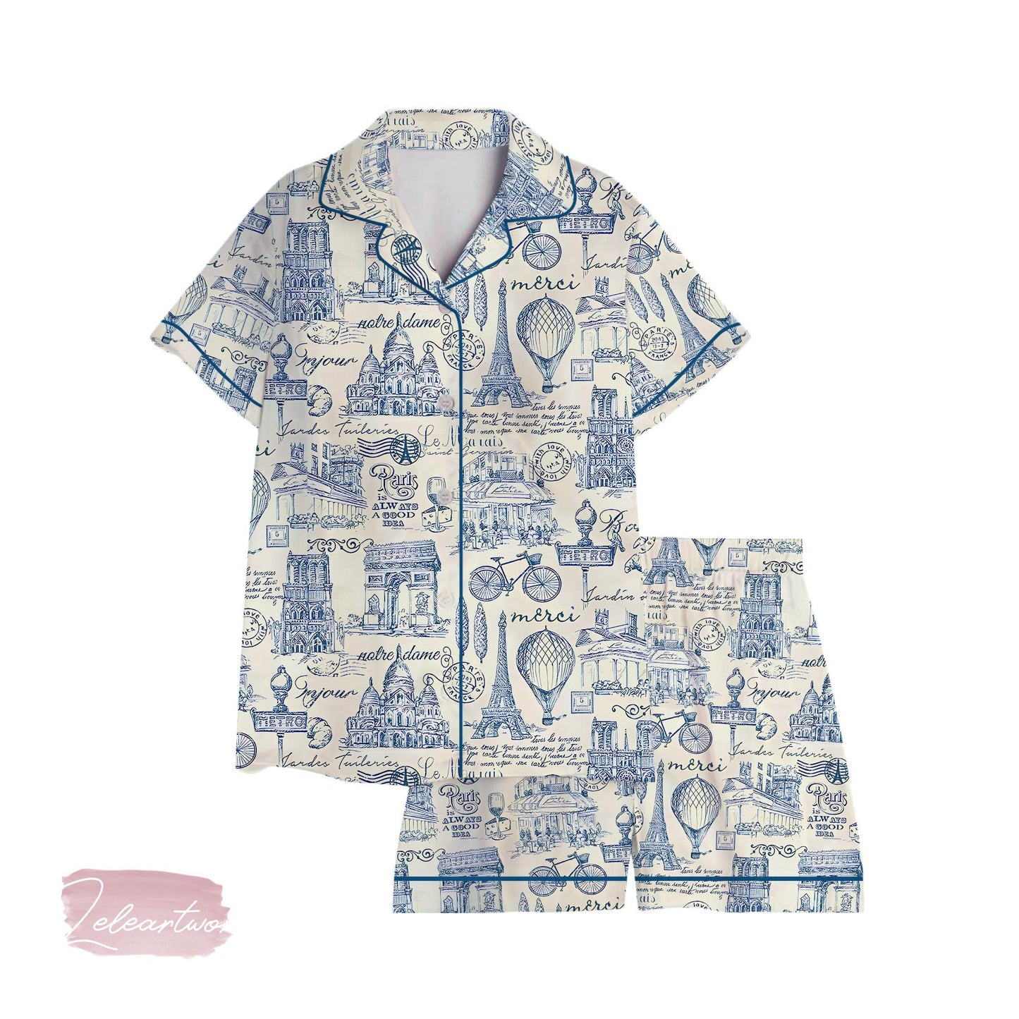 Paris Merci Vintage Set | Silky Satin Pajama Set for Women | French Toile Sleepwear | Blue Paris Print Lounge Set | Gift for Francophiles