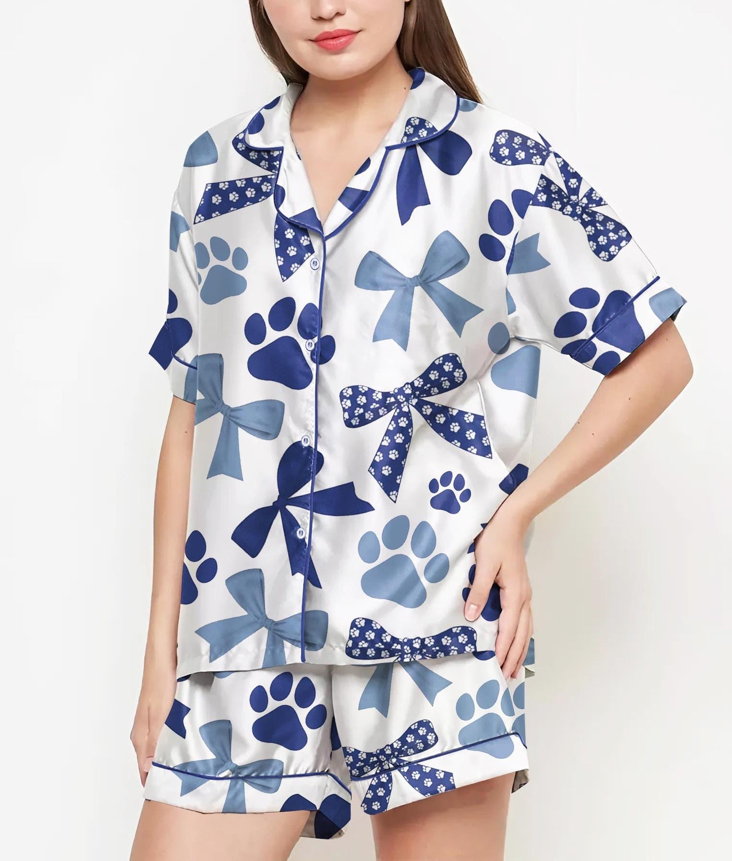 Coquette Paws Pajamas Satin Set, Blue Floral Bows Shirt, Mother's Day Gift, Birthday Gift,Pjs For Women, Bridesmaid Gifts, Bachelorette