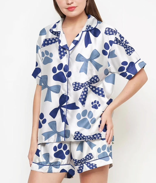 Coquette Paws Pajamas Satin Set, Blue Floral Bows Shirt, Mother's Day Gift, Birthday Gift,Pjs For Women, Bridesmaid Gifts, Bachelorette