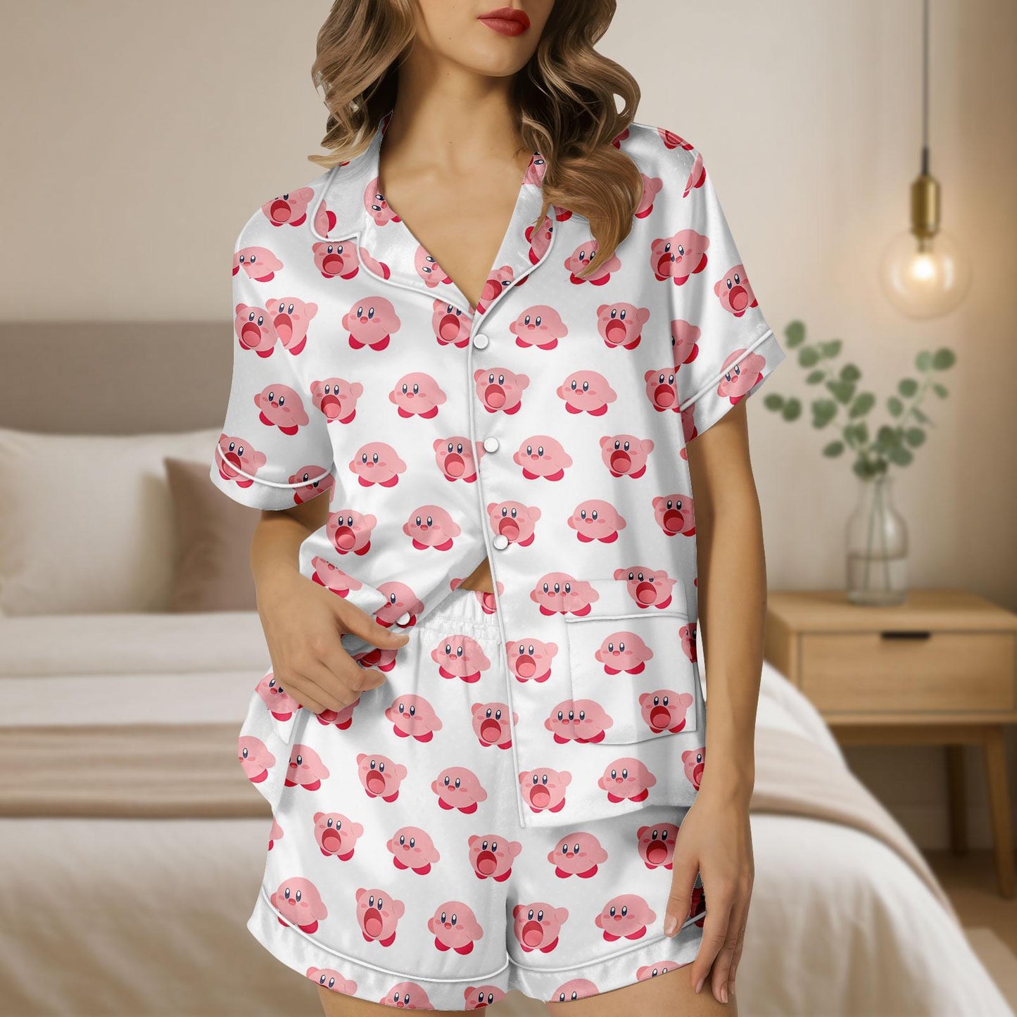 Cute Kirby Cartoon Satin Short Pajamas, Pink Character Loungewear Set, Summer Sleepwear for Fans, Gift For Her