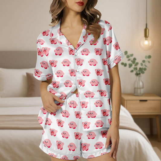 Cute Kirby Cartoon Satin Short Pajamas, Pink Character Loungewear Set, Summer Sleepwear for Fans, Gift For Her