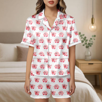 Cute Kirby Cartoon Satin Short Pajamas, Pink Character Loungewear Set, Summer Sleepwear for Fans, Gift For Her