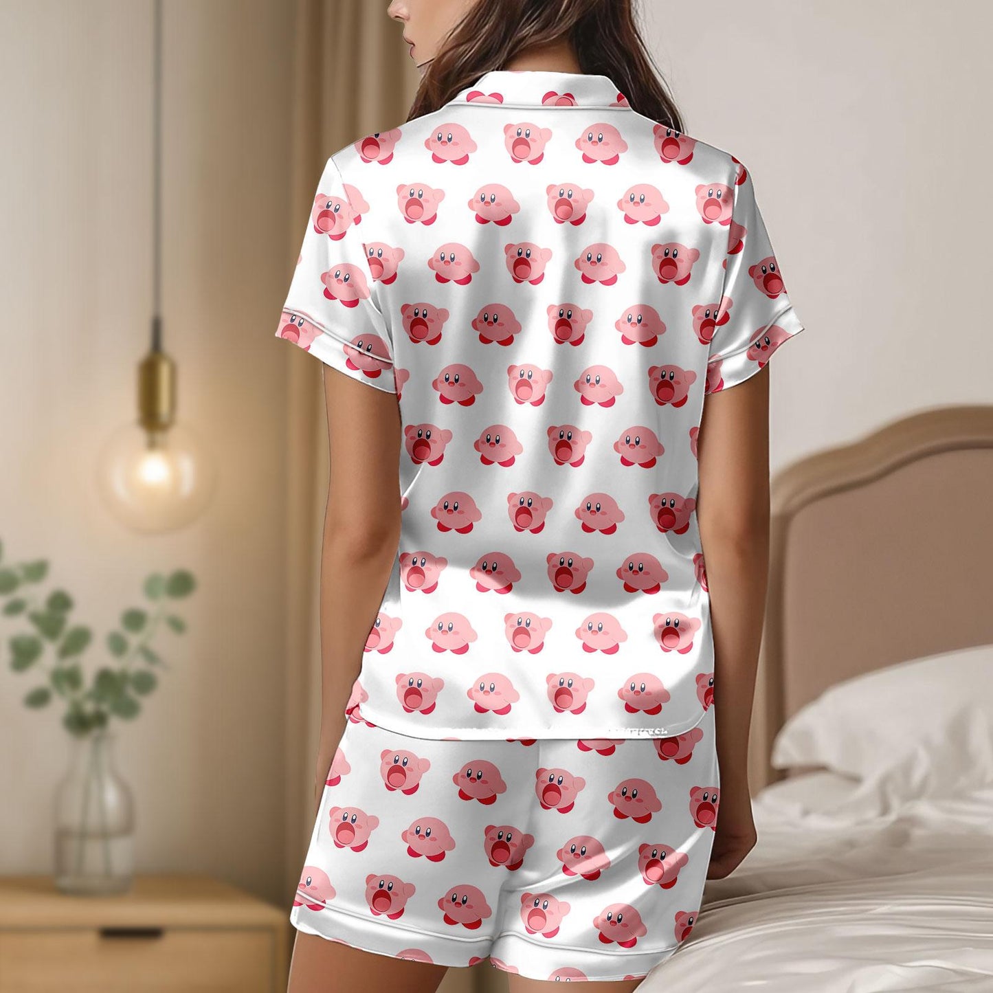 Cute Kirby Cartoon Satin Short Pajamas, Pink Character Loungewear Set, Summer Sleepwear for Fans, Gift For Her