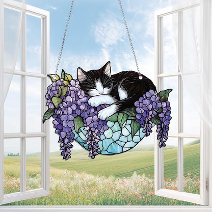 Black Cat Sleeping On Wisteria Basket Ornament, Wisteria Cat Acrylic Window Hanging, Gift For Cat Lover, Wisteria Lover Gift, Black Cat Gift
