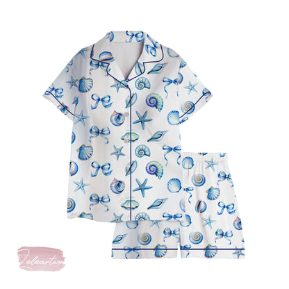 Coquette Blue Bow Ocean Satin Pajama Set for Women | Seashell & Starfish Print Sleepwear | Summer Aesthetic Gift