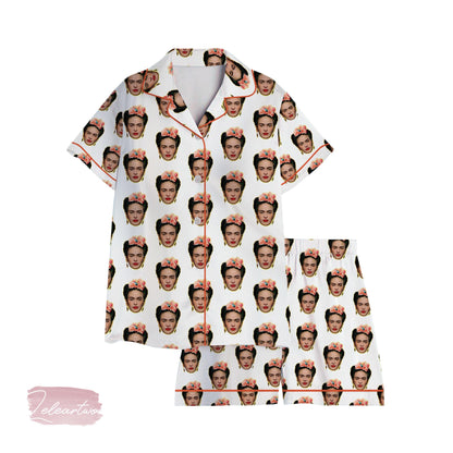 Frida Kahlo Satin Pajama Set for Women | Floral Crown Art Sleepwear | Artist-Inspired Loungewear Gift
