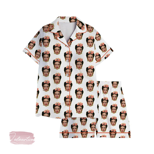 Frida Kahlo Satin Pajama Set for Women | Floral Crown Art Sleepwear | Artist-Inspired Loungewear Gift