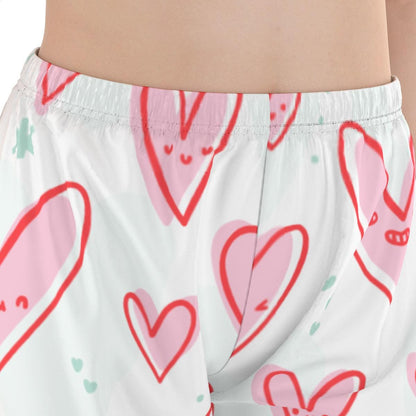 Kawaii Heaven Heart Print Women's Pajama Set with Elastic Waist & Contrast Piping