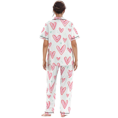 Kawaii Heaven Heart Print Women's Pajama Set with Elastic Waist & Contrast Piping