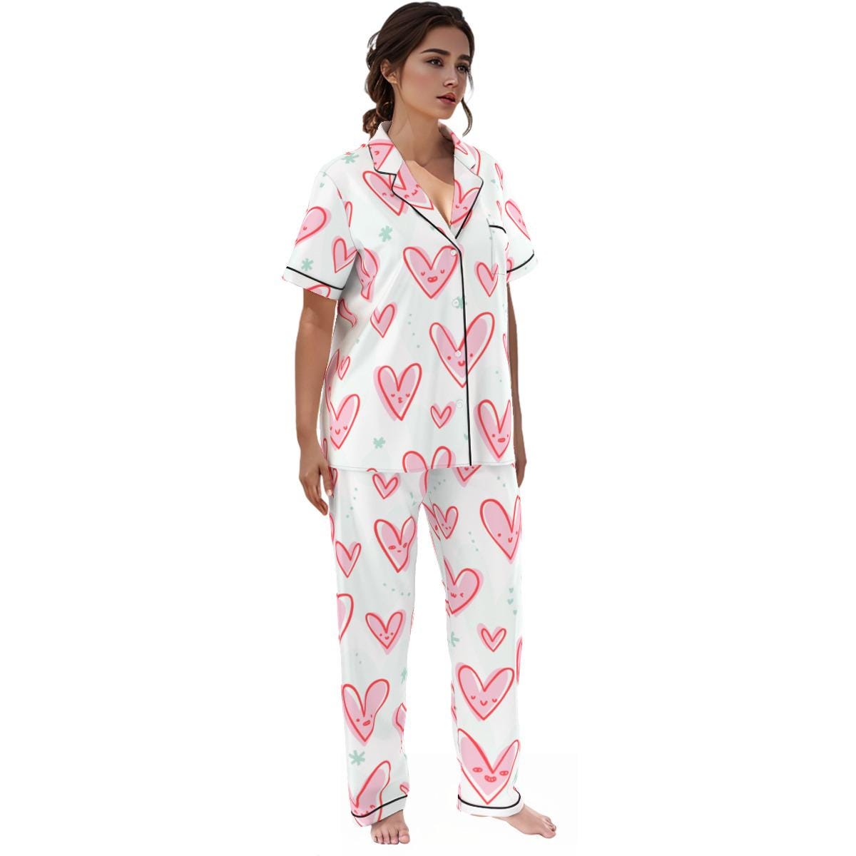 Kawaii Heaven Heart Print Women's Pajama Set with Elastic Waist & Contrast Piping