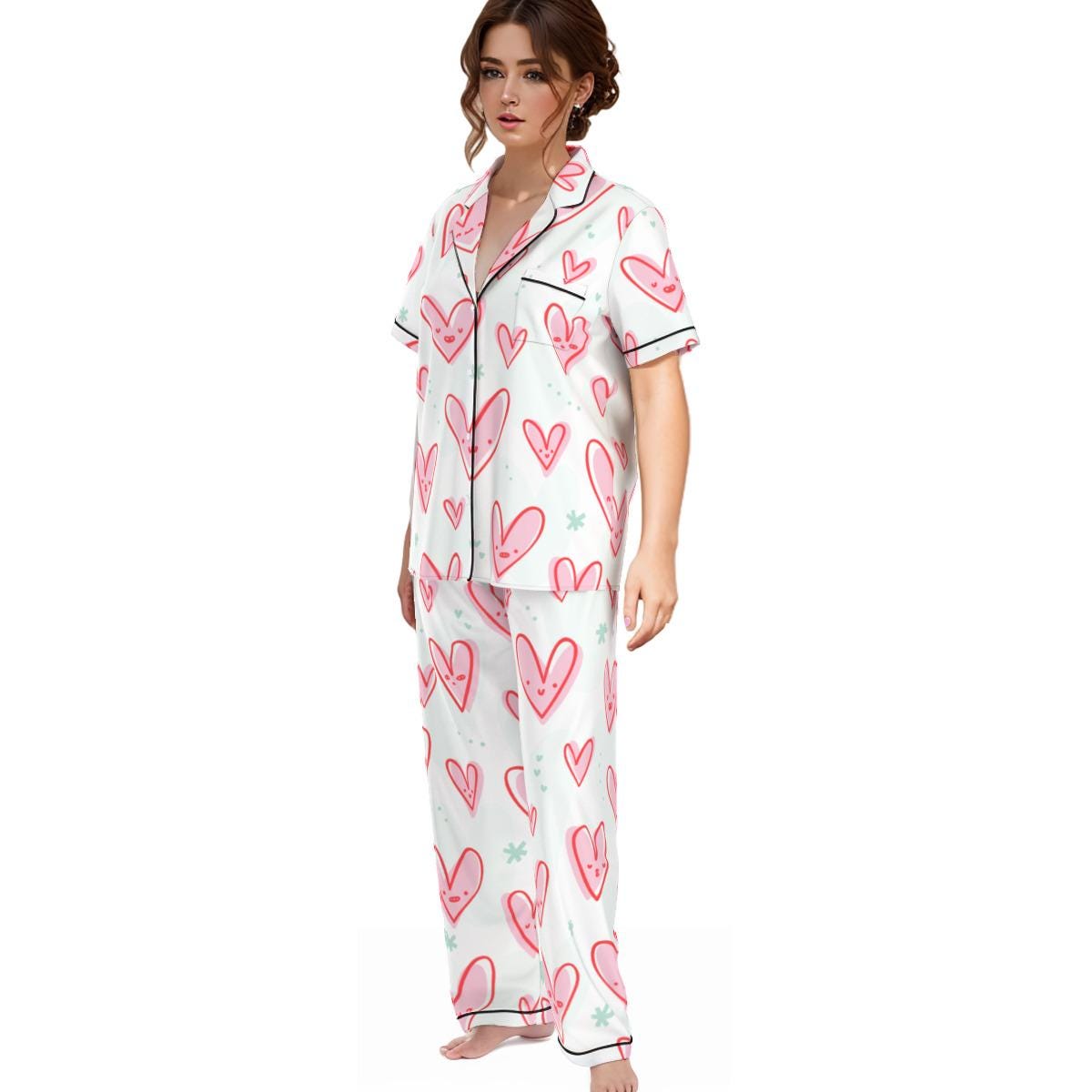 Kawaii Heaven Heart Print Women's Pajama Set with Elastic Waist & Contrast Piping