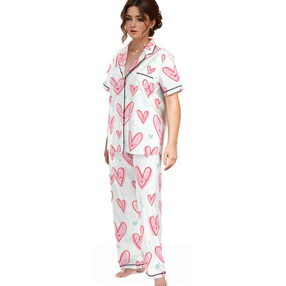 Kawaii Heaven Heart Print Women's Pajama Set with Elastic Waist & Contrast Piping
