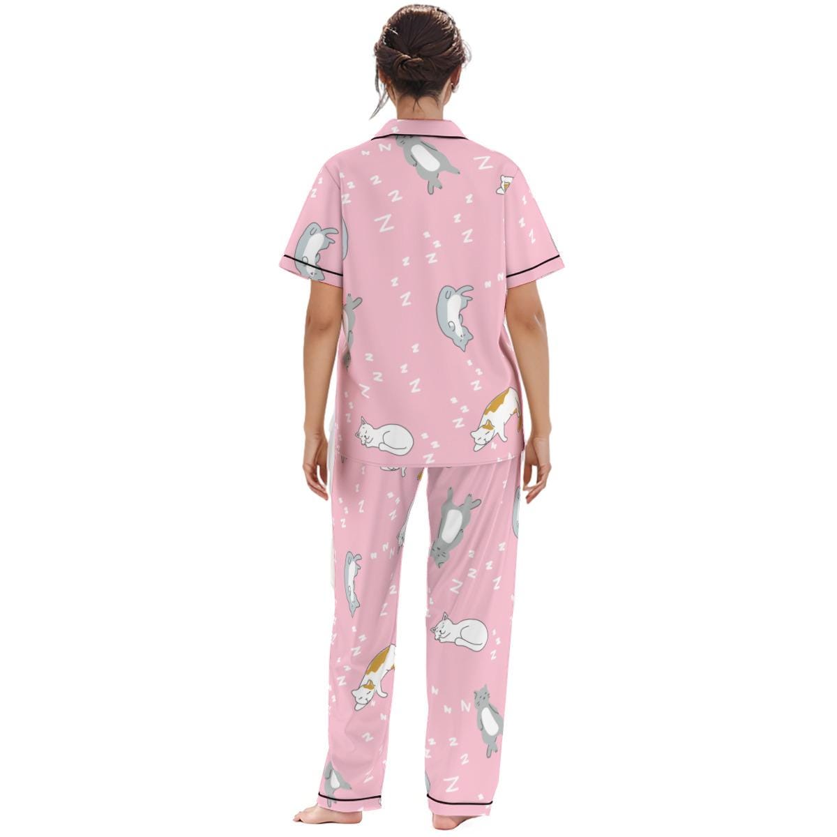 Kawaii Heaven Women's Pink Cat Print Pajamas Set with Elastic Waist & Black Contrast Piping