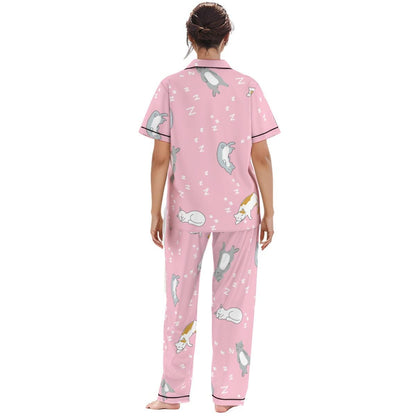 Kawaii Heaven Women's Pink Cat Print Pajamas Set with Elastic Waist & Black Contrast Piping